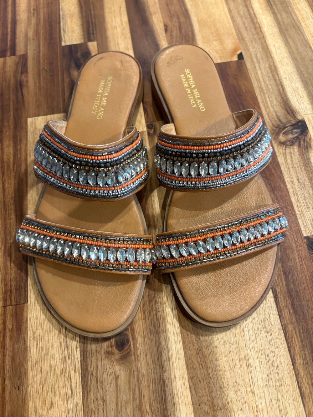 Sophia Milano Tan Beaded Slide Sandals - Tan